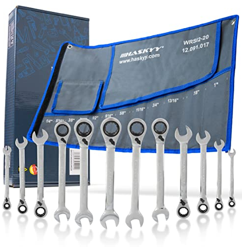 HASKYY 12tlg-Gewinkelt-Zoll-Ratschenschlüssel-Satz-Set I 1/4-1 I Imperial Harley zöllisch Maul-Gabel-Schlüssel Inch-Ratschen-Schlüssel