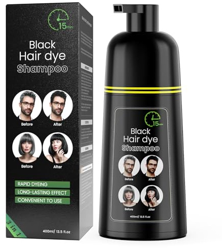 COSMTEK Black Hair Dye Shampoo, Semi-Permanent Hair Color Shampoo for Women and Men, Herbal Ingredients and No Ammonia, 3 in 1-100% Grey Coverage 400ml/ 13.5 fl.oz