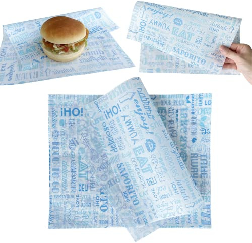 Tocnvoe - 100 Papier Emballage Alimentaire, 28x34cm, Lettre Bleues, Durable, Résistant à l'huile. Anti Graisse, Wrap Papier, Convient pour les Emballages Alimentaires et la Décoration de Table.