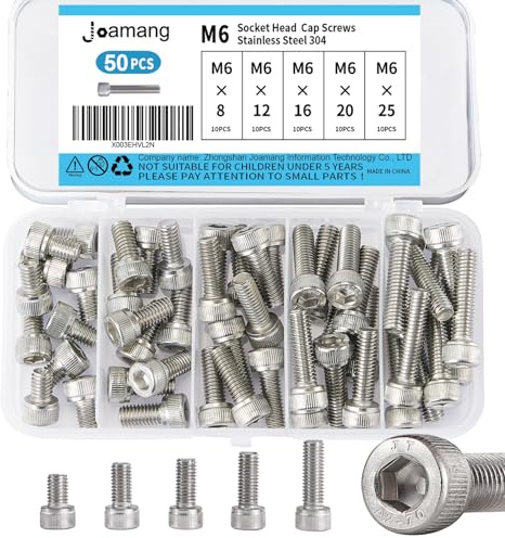 Joamang M6 x 8mm 12mm 16mm 20mm 25mm Socket Head Cap Screws Bolts, Stainless Steel 304, Metric Allen Hex Drive, Bright Finish, Fully Threaded, Assortment Kit 50PCS