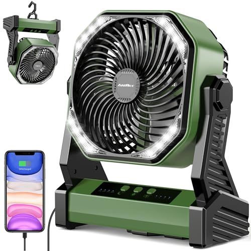 20000mAh Battery Powered Camping Fan, 58Hrs Rechargeable Portable Fan, 400LM Light, 360° Hook, Whisper Quiet Battery Operated Fan for Outdoor Car Travel Gear Essentials Power Outages Co-brand AMACOOL