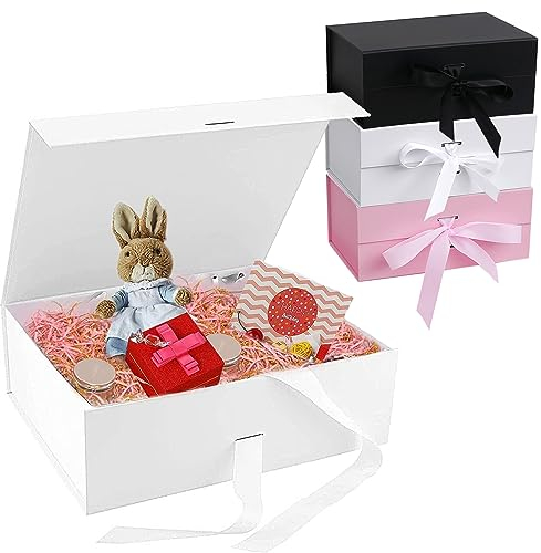 Weiße Magnetische Geschenkbox mit Deckel und Schleife - Geschenkschachtel für Hochzeiten, Geburtstage und Weihnachten - 21x17x7cm