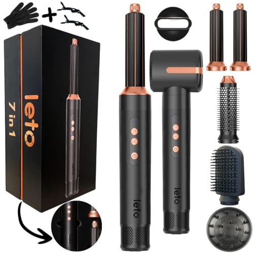 Leto 7-in-1 Warmluftbürste & Föhn – Rundbürste, Lockenaufsätze, Waver, Glättaufsatz, Diffusor, Konzentrator, Coanda, Ionen, 1400W BLDC