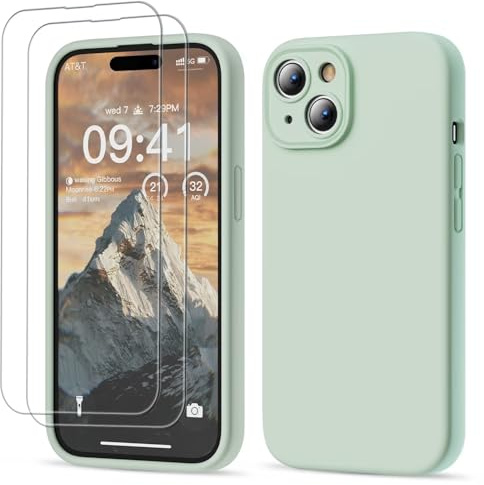 GOODVISH 3 in 1 für iPhone 15 Hülle Liquid Silikon, Hellgrün | mit 2 Stück Schutzfolie, Upgraded Kameraschutz Soft Mikrofaserfutter Handyhülle Kratzfest Stoßfeste Schutz Case 6.1