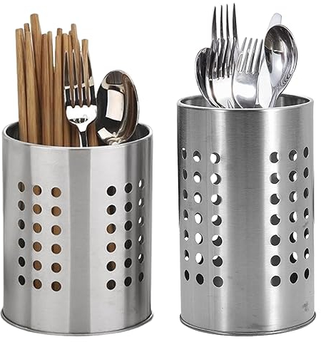 Omevett 2pcs Stainless Steel Cutlery Drainer Silver Kitchen Utensils Holder Metal Cutlery Holder Drainer for Sink Table Countertop Organizer Knife Fork Spoon Chopsticks Storage (10*16.5cm/12*15cm)