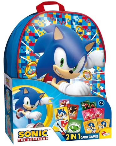LISCIANI - SONIC - Ryggsäcksset med 2-i-1 kortspel Sonic - Resespel för barn från 6 år - 2 olika spel att spela i skolan - 2 eller fler spelare - Tillverkad i Italien