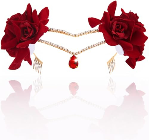 Vakkery Rotes Blumen Tiara Kristall Hochzeits Feen Stirnband Funkelnde Strass Diademe für Frauen und Mädchen