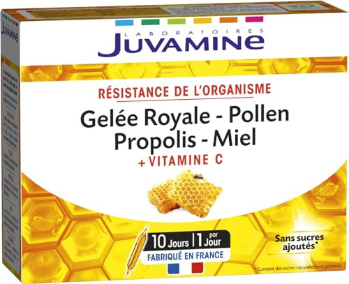 JUVAMINE - Gelée royale - Pollen - Propolis - Miel - Vitamine C - Produits de la Ruche - 10 ampoules - Résistance de l'organisme - Programme de 10 jours - Fabriqué en France