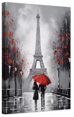 ZXHYWYM Red and Black Paris Wall Decor Eiffel Tower Pictures Framed Romantic Couple Canvas Painting Red Umbrella Couple Poster Prints Anniversary Decor (B, (12.00 x 18.00))