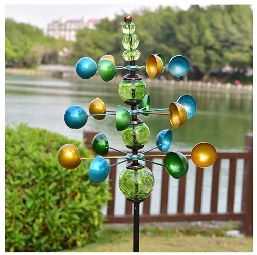 MeLtor Windmühlen Garten, Windrad FüR DraußEn, 3-stufiger Gartenstecker mit Knisterkugeln aus Glas Windspiele Aus Edelstahl FüR Terrasse Und Garten