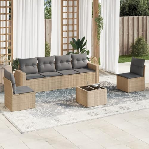 Willood 7tlg.Garten Rattan Sofa-Set mit Kissen Beige Poly RattanBeige+Hellgrau