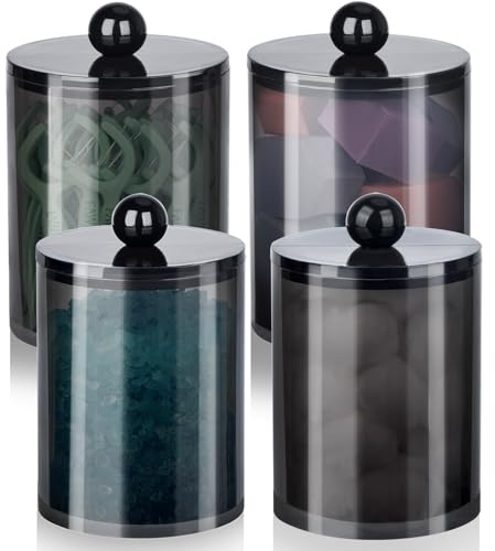 4-pack Qtip hållare, apotekare burkar bomull bollhållare dispenser, badrumsburkar med lock set för bomull runda, bomullspinnar, 295 ml plastbehållare toalett sovrum sminkförvaring (svart)