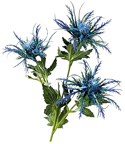 CAKEEYUM Artificial Eryngium Thistles Bunch Simulation Flowers Plants 3-Fork for Home Decor Centerpieces Light Blue 1PC