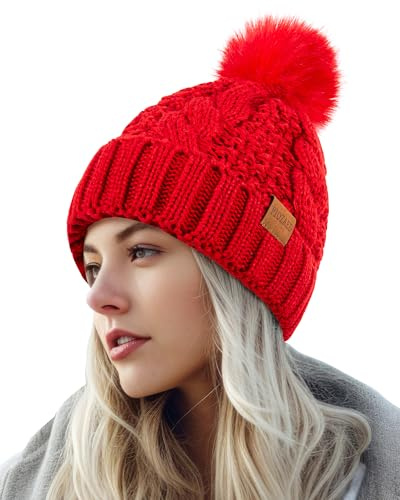 PIOZAED Women's Winter Pompom Beanie Warm and Cozy Knit Hat Fleece Lining Skull Cap for Women