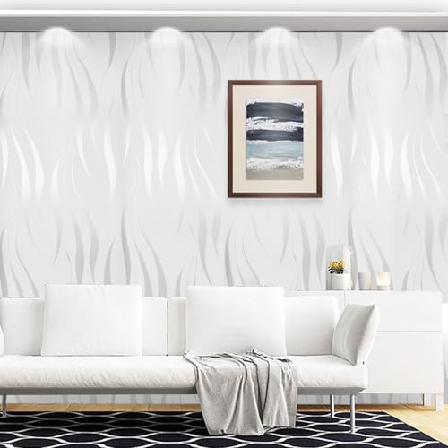 Anttyscar White Wallpaper for Living Room, White 3D Embossed Wallpaper, Modern Glitter Textured Wallpapers, Feature Wallpapers for Hallway and Stairs