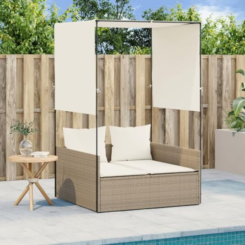 Gecheer Doppel Sonnenliege mit Dach und Vorhängen, Doppelliege, Gartenliege Relaxliege Sonnenbett Doppelbett Gartenmöbel Liege Beige Poly Rattan