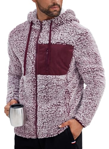 VOGSTART Herren Leichte Kapuzenjacke Mit Flauschigem Teddy Material Voller Reißverschluss Farbige Brusttasche Alltag Rot L