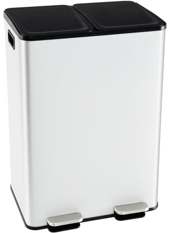 COSTWAY 2 x 30L Cubo de Basura Cocina, Cubos de Basura de Reciclaje de 2 Compartimentos con 2 Tapas, 2 Pedals y 2 Cubos Internos de Plástico, Papelera Cocina de Acero Inoxidable,28x22x65 cm (Blanco)