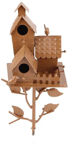 Bonbela Metall-Vogelhaus mit Stange, Metall-Kunst-Cottage-Vogelhaus, Pfähle, Kolibri-Haus, Abgenutztes Metall-Vogelhaus, Gartendekoration (E)
