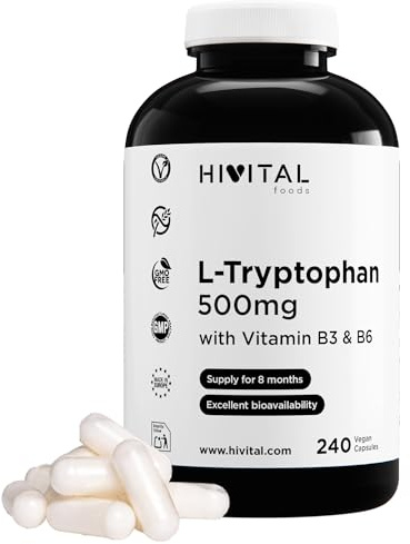 L-Triptófano 500 mg. 240 cápsulas veganas para 8 meses de tratamiento. 500 mg de Triptofano puro con 16 mg de Vitamina B3 (100% VRN) y 1,4 mg de Vitamina B6 (100% VRN). Fabricado en España por HIVITAL