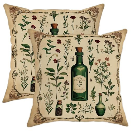 Herbal Pillow Covers Set of 2, Green Botanical Plant Throw Pillows Case, Summer Decorative Square Farmhouse Decor Cushion Covers for Home Sofa Bed Couch 20x20 Inch