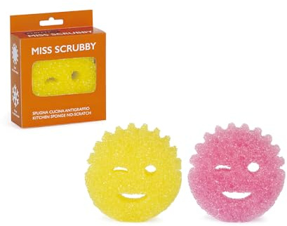Miss Scrubby - Esponja antiarañazos – Esponja abrasiva de cocina – Esponja de cara sonriente para fregadero, baño y ducha – Doble función agua caliente y fría – Rosa y Amarillo – 2 unidades