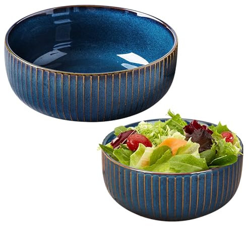 Hebaogugu Large Salad Bowl, 2 Packs Round Serving Bowls for Noodle, Cereal, Salad, Blue Fruit Bowls with Golden Line for Home, Restaurant(1000ml+1800ml)