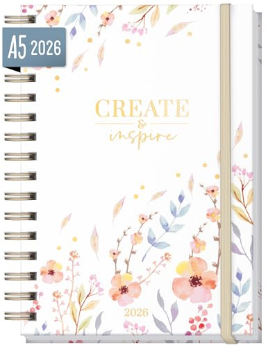 Häfft® Calendrier international 2026 A5 «Sweet Flowers» avec reliure spirale en: EN/FR/IT/ES - agenda personnel - durable & respectueux de l'environnement | Avec reliure à spirale en langues : anglais, français, italien, espagnol, organisateur personnel, minuterie