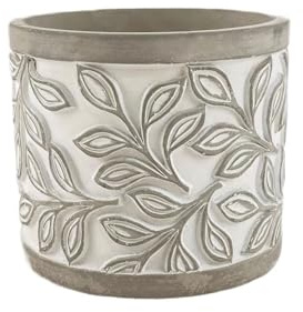 Jardinera Maceta cilíndrica con patrón de relieve de hojas grises, con orificio de drenaje, maceta de cemento for decorar balcón, sala de estar, cocina (3 tamaños) Interior-exterior(Grande)