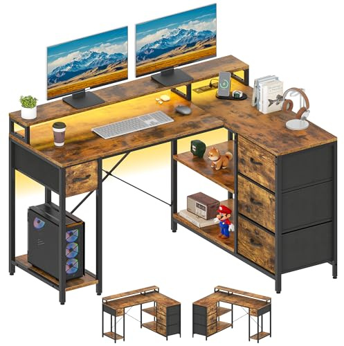 YITAHOME L Shaped Computer Desk with Drawers Power Outlet 140cm Brown