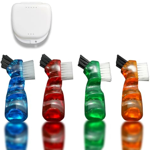 Set di 4 mini spazzole per la pulizia della protesi con setole multistrato con strumento di rimozione dell'allineatore, spazzola portatile a doppia faccia per la pulizia dei denti falsi, facile da