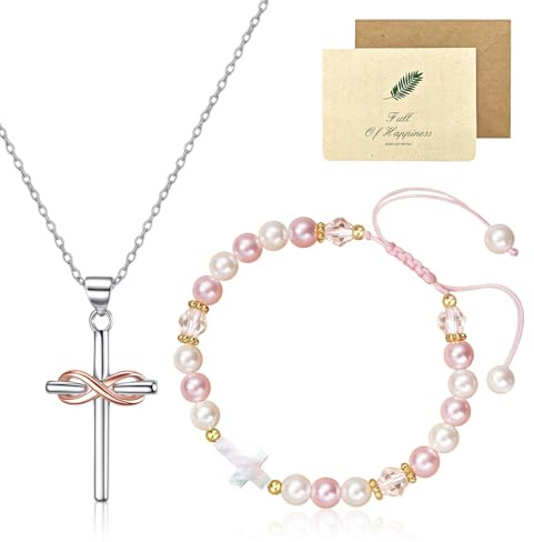 Anniversaire cadeau croix collier pour les filles, blanc rose filles de charme bracelets pour 13ème 16ème anniversaire cadeaux fille, 18ème anniversaire collier sainte communion cadeaux avec une carte