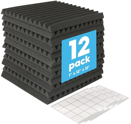 Harbour Housewares 12x Acoustic Panels with Double Sided Tape - 2.5 x 30 x 30cm (1 x 12 x 12) - Adhesive Noise Dampening Studio Foam Sound Proof Tile Gaming Soundproofing Music Noise Panel Pad