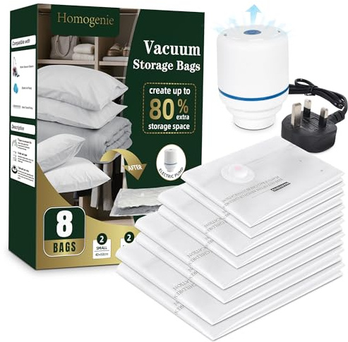 Homogenie Space Saver Vacuum Storage Bags for Clothes, Bedding, and Comforters - 8 Pack with Electric Air Pump, Reusable Compression Bags for Home & Travel (2 Jumbo, 2 Large, 2 Medium, 2 Small)
