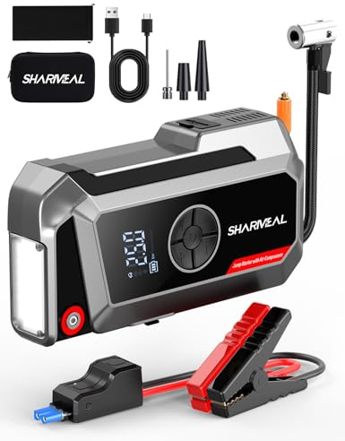 SHARMEAL 10000A Starthilfe Powerbank mit Kompressor 250PSI für Alle Benzin und 12.0L Dieselmotor, Starthilfe Powerbank Eingang/Ausgang und 800LUM LED-Licht mit LCD-Bildschirm