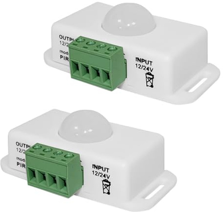 2 Pack 12V/24V PIR Sensor, Motion Sensor Infrared for LED Strips, PIR Timer Controller Dimmer Switch with Motion Detection, Automatic Controller for LED Light Strips, Adjustable Delay Time, White