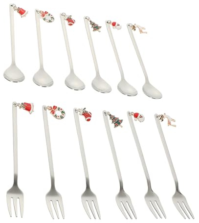 SOIMISS Set di Posate Natalizie in Acciaio Resistente 12 Pezzi Cucchiai da Dessert e Forchette da Frutta Finitura Lucida per Feste e Cene di Natale