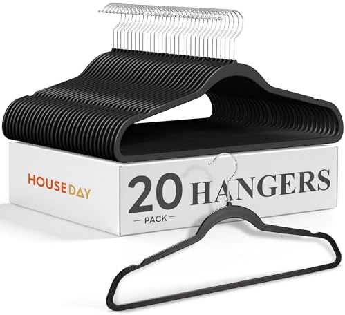 HOUSE DAY Kunststoff Kleiderbügel Schwarz 20 Stück, 0,5 cm dünne Kleiderbügel Platzsparend, stabile hemdenbügel bis 5 kg, Garderobenbügel mit 360°Haken & Schulterkerben für Anzüge, Mäntel, Shirts