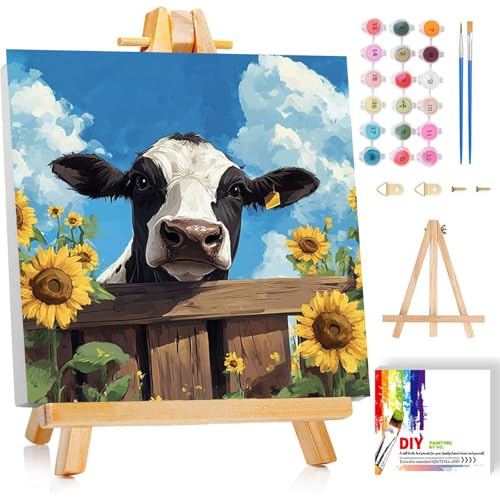 Kuh Malen Nach Zahlen Kinder Mit Rahmen - Hochlandrinder Malen Nach Zahlen Kinder Leinwand Ölgemälde, Tiere Paint by Numbers Mit Geschenkbox DIY ab 5 6 7 8 9 Jahre Mädchen Bastelset Geschenk 20x20 cm