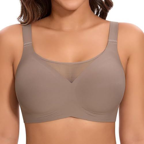 Cavotor Jelly Bras for Women Non Wired Comfort Support Gel Soft Bra Seamless Lace Wireless T Shirt Push Up Bralettes with Extender (#1 Coffee,XL)