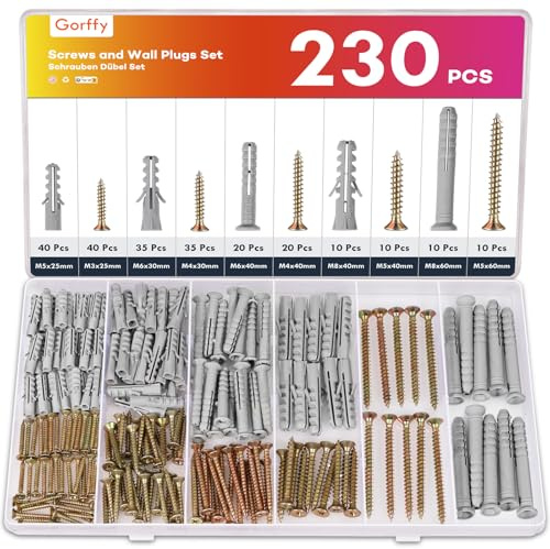 Gorffy 230PCS Wall Plugs and Screws Set, Masonry Screws M3-M8 | 115 Masonry Screws, 115 Expansion Anchor Bolts, M3 M4 M5 M6 M8, Assorted Screw and Wall Plugs Set, for Brick, Concrete Fixing