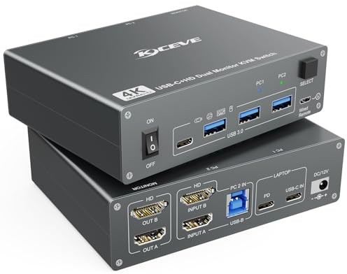 Switch KVM USB-C Per Doppio Monitor, Con Supporto HDMI, Per 1 Computer Fisso E 1 Portatile, Risoluzione 4K A 60Hz, Supporto Power Delivery (PD), Cavo USB-C E Alimentatore Inclusi