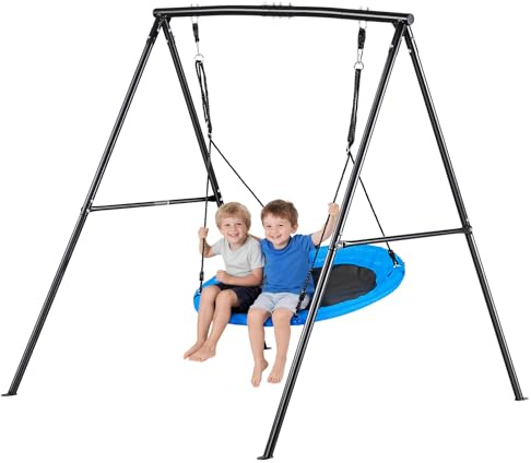 VEVOR Swing Set for Backyard, 40 in Saucer Swing Seat with Heavy Duty A-Frame Metal Stand, 440 lbs Load Capacity, Reinforced with Spiral Ground Anchors, Swingset Outdoor for Kids, Black and Blue