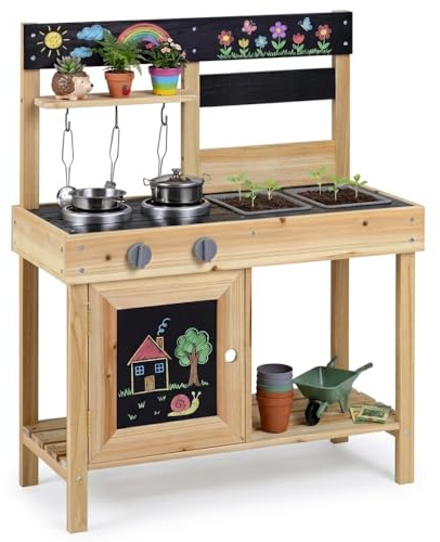 Maxmass Kids Mud Kitchen, Outdoor Children Play Kitchen with 2 Removable Sinks, Stoves, Kitchenware, Garden Potting Bench Toddler Toy Kitchens Pretend Toy for 3+ Years Old