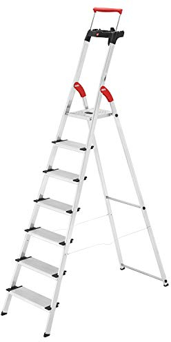 Hailo L85 ComfortLine Alu-Sicherheits-Stehleiter - 7 XXL-Stufen belastbar bis 150 kg - Tiefe Standfläche & Haltegriff - Stehleiter mit Ablage - Aluleiter Made in Germany - Leiter rostfrei - Silber
