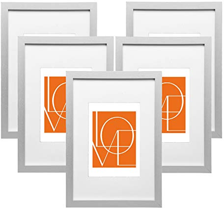 WOLTU Bilderrahmen 20x30 cm Silber, 5er Set MDF-Holz Fotorahmen mit Passepartout, bruchsichere PS-Platte zum Aufhängen und Aufstellen, Collage Wanddeko Rahmen