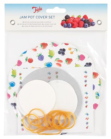 Tala Everyday Fruit Design Jam Pot Cover Set, Complete Jam Jar Sealing & Labelling Kit with Decorative Covers, Labels, Wax & Cellophane Discs, Elastic Bands, Ideal for Homemade Preserves & Gifts