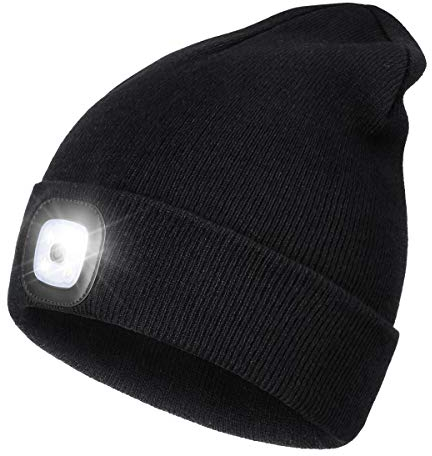 Wmcaps Mütze mit Led Licht, Wiederaufladbare USB Freisprech Stirnlampe Strickmütze Wintermütze Warme Mütze Kappe Scheinwerferkappe zum Camping Joggen Geschenke für Männer Frauen, Schwarz