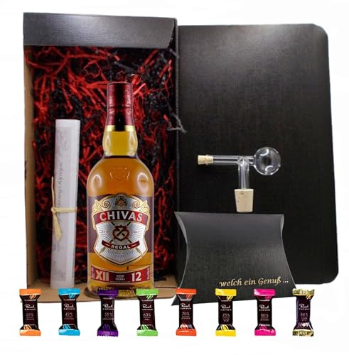 Chivas Regal 12 Jahre scotch Whisky + Glaskugelportionierer + 8 Edelschokoladen 8 Sorten im Geschenk Karton Männergeschenke Genießer Set Whisky mit Schokolade genießen