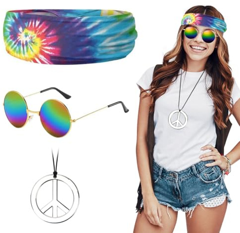 Hippie Accessoires, Hippie Brille + Peace Kette + Hippie Stirnband, Hippie Zubehör, Hippie Kostüm für 60er 70er Jahre Mottoparty Fasching Karneval Halloween A34